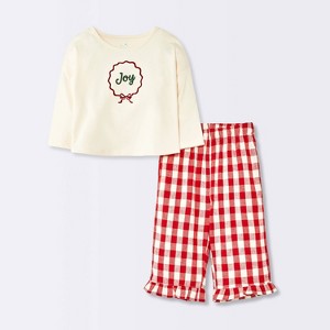Baby Girls' Christmas Holiday 2pc Joy Long Sleeve T-Shirt and Gingham Flannel Pants Set - Cloud Island™ Cream - 1 of 4