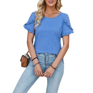 Women's Summer Short Sleeve T-Shirt Casual Round Neck Top With Ruffle Trim - 1 of 4