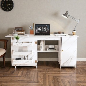 Mshliw Foldable Sewing Machine Table with Locking Casters and Multi Storage Craft Station with Shelves Bins and Cabinet for Home Craft Room - 1 of 4