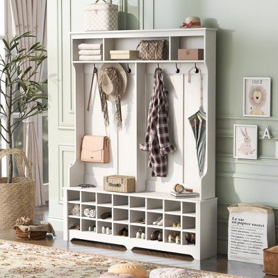 60" Hall Tree Modern Hallway Coat Rack With Metal Hooks 24 Shoe Cubbies For Entryway Bench Living Room