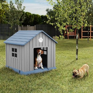 CAVINAS  Weatherproof Outdoor Dog House, 31" Ventilated Pet Shelter with Elevated Floor & Ground Anchors,Blue - 1 of 4