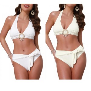 INSPIRE CHIC Women's O Ring Seashell Pendants Ribbed Halter Top Triangle Bottoms Swimwear Bathing Bikini Suits 2 Sets - 1 of 4