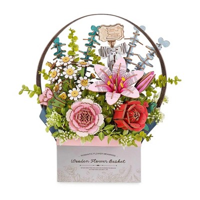 ROBOTIME 3D Puzzle, Wooden Flower Basket with Exquisite Accessories, Decorative Building Kits for Kids Adults, Multicolored, 11"*5.9"*11.8"