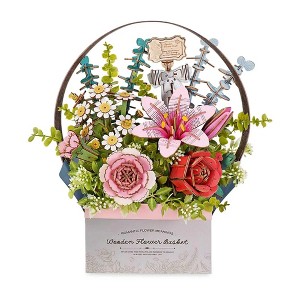 ROBOTIME 3D Puzzle, Wooden Flower Basket with Exquisite Accessories, Decorative Building Kits for Kids Adults, Multicolored, 11"*5.9"*11.8" - 1 of 4