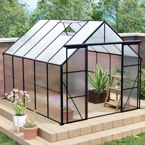 VYNXARIA 8*10FT Double Door Polycarbonate Greenhouse Raised Base and Anchor Aluminum Heavy Duty Walk-in Greenhouses in All Season,Black - 1 of 4
