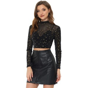 INSPIRE CHIC Women's Mesh Crop Stars Mock Neck Party See Through Blouse - 1 of 4