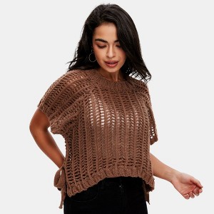 Knit & Lounge Women’s Short Sleeve Open Cable Knit Sweater Top with Side Ties Ribbed Hem Relaxed Fit - 1 of 4