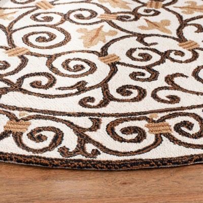 Ivory and Dark Brown Hand-Hooked Wool Area Rug