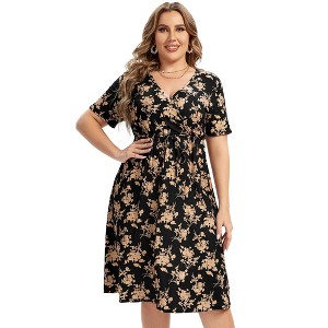 Coolmee Women Summer Plus Size Casual Midi Dresses Short Sleeve V Neck Drawstring Waist Knee Length T Shirt Sundress - 1 of 4