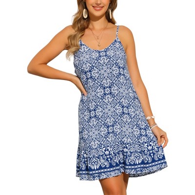 INSPIRE CHIC Women's V-Neck Spaghetti Straps Floral Pattern Mini Dress
