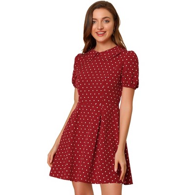 Allegra K Women's Heart Dots Print Short Sleeve A-Line Peter Pan Collar Mini Dress