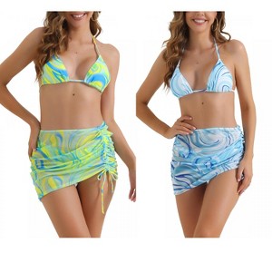 INSPIRE CHIC Women's Halter Contrast Color Tie Back Triangle Bottoms Bathing Bikini Suits 2 Sets - 1 of 4