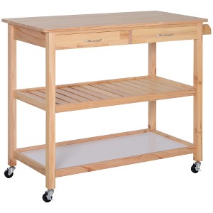 HOMCOM 42.5" Kitchen Trolley Cart Rolling Island Utility Serving Cart with 2 Drawers and 3-Tier Shelf Pine Wood - 1 of 4