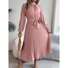 Women Pleated Dress Long Sleeve Stand Up Collar A-Line Flowing Dress With Belt - 3 of 4