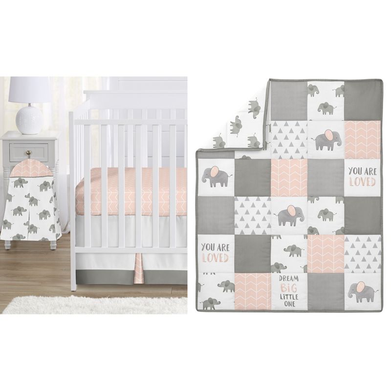 Sweet Jojo Designs Girl  Baby Crib Bedding Set - Elephant Pink Grey and White 4pc, 1 of 8