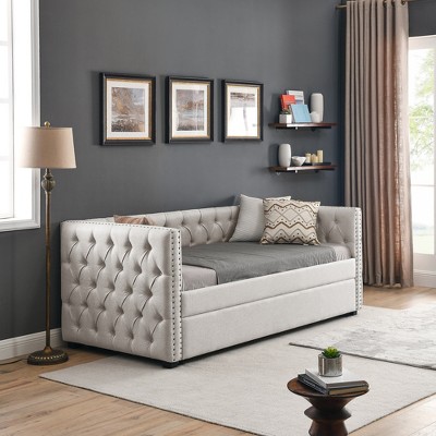 PDTEND Twin Size Tufted Upholstered Daybed with Trundle, Square Arms, Buttons & Copper Nails
