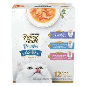 Purina Fancy Feast Broths Lickable Classic Collection Gourmet Wet Cat Food Complement Seafood, Tuna, Salmon, Shrimp, Fish - 1.4oz/12ct Variety Pack - 1 of 4