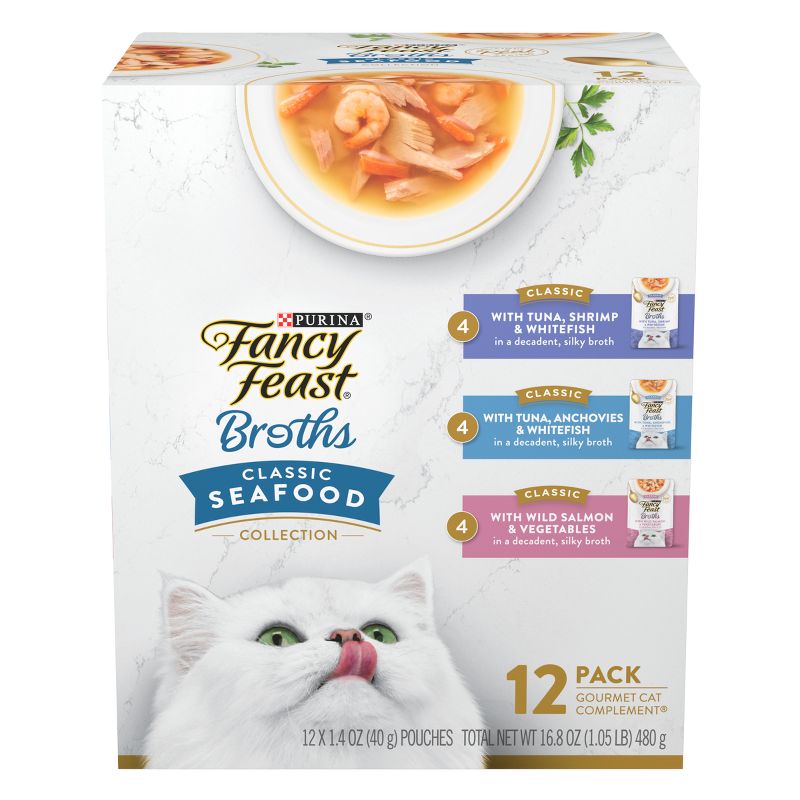 Purina Fancy Feast Broths Lickable Classic Collection Gourmet Wet Cat Food Complement Seafood, Tuna, Salmon, Shrimp, Fish - 1.4oz/12ct Variety Pack, 1 of 9