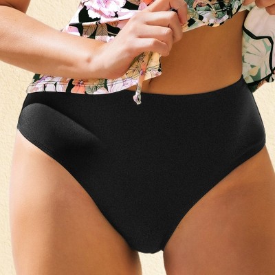 Women's Mid-Waisted Solid Black Swim Bikini Bottoms - Cupshe