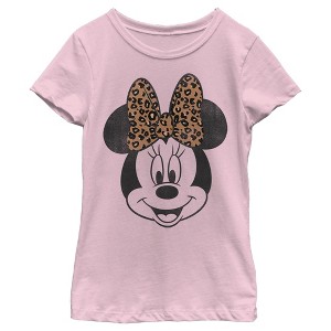 Girl's Mickey & Friends Mickey & Minnie Mouse Cheetah Print Bow T-Shirt - 1 of 3