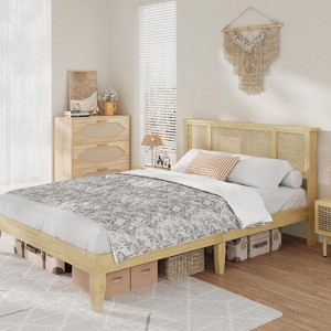 Homhougo Queen Bed Frame with Natural Rattan Headboard Strong Wooden Slats Sturdy Metal Platform Bohemian Cane Mattress Support No Box Spring - 1 of 4