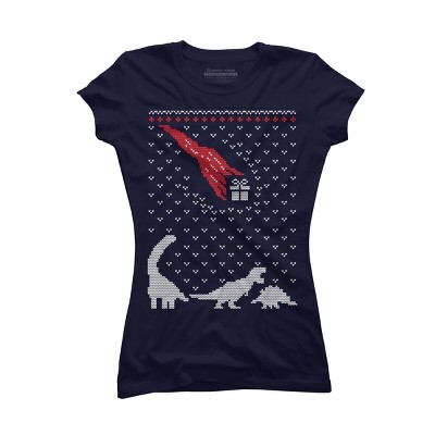 Junior's Design By Humans Dinosaur Comet Christmas Sweater By shirtpublic T-Shirt