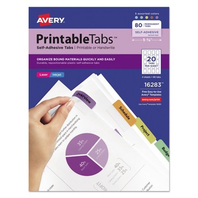 Avery Printable Repositionable Plastic 1 3/4" Tabs Assorted Colors - 80pk