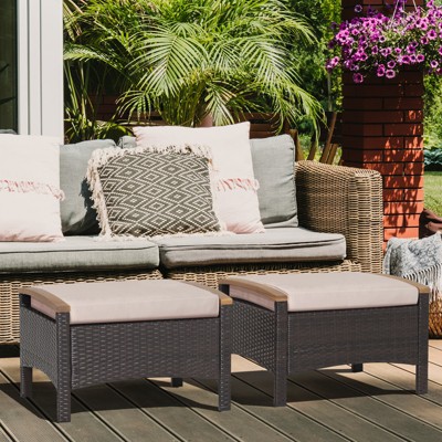 Beige PE Wicker Patio Ottomans with Acacia Wood Handles