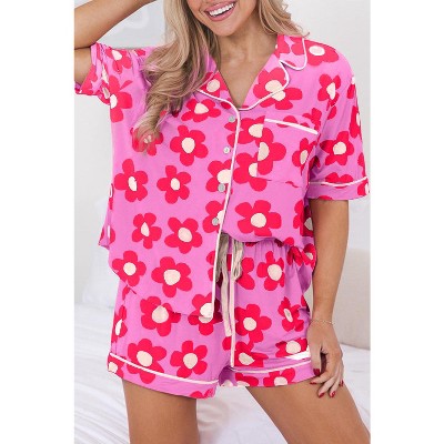 Pink Flower Print Short Sleeve Shirt Pajamas Set