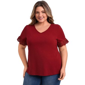 GRACE & GRANDEUR Women's Plus Size Eyelet Embroidered Lace Short Sleeve V Neck Dressy Casual Blouses - 1 of 4