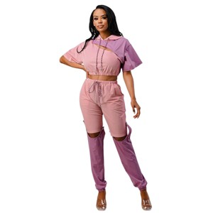 Slickblue Mauve Color Block Hoodie & Pants Set with Detachable Bottoms, Nylon-Spandex Blend, Size S-L - 1 of 4
