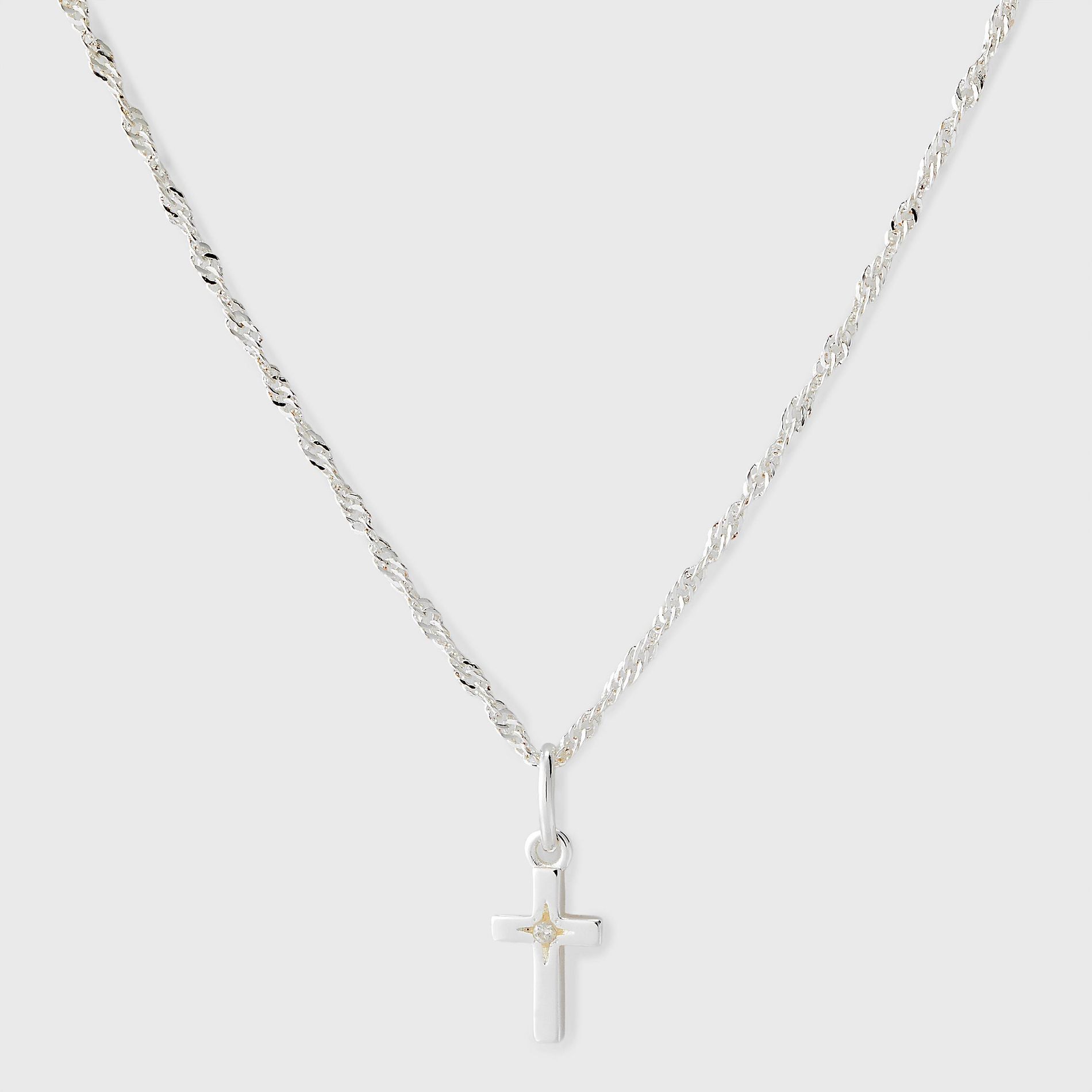 Silver Plated Lab-Grown Diamond Cross Twist Chain Pendant Necklace - Silver