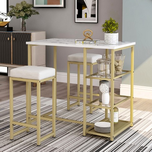 Modernluxe 3 piece Dining Set with Faux Marble Countertop and Bar Stools Modern