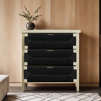 3 Drawer Buffet Sideboard with Adjustable Shelves, Storage Cabinet with Hand-woven rope decorated drawers for Living Room - Leovsnove