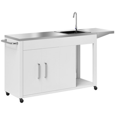 White Stainless Steel Outdoor Grill Table with Sink and Storage