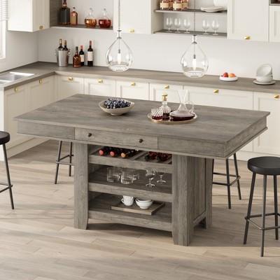 Counter Height Dining Table for 4-6, Farmhouse Wood Dining Table with 2 Drawer Deep Wine Rack, Kitchen Island with 3 Shelves