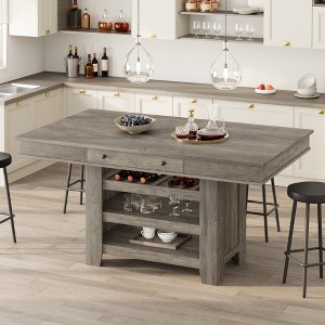 Counter Height Dining Table for 4-6, Farmhouse Wood Dining Table with 2 Drawer Deep Wine Rack, Kitchen Island with 3 Shelves - 1 of 4