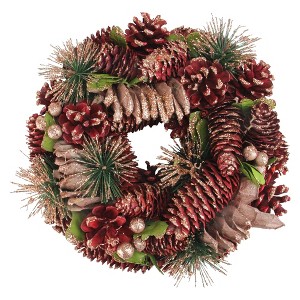 Northlight Dusty Rose and Red Pine Cones Glitter Artificial Christmas Wreath, 10-Inch, Unlit - 1 of 3