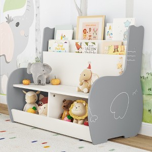 3-in-1 Kids Bookshelf and Toy Storage Organizer with Bench, Toddler Bookshelf and Bookcase with Reading Nook and 2 Storage Cabinets,Grey Elephant - 1 of 4