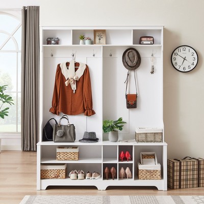 NicBex Hall Tree with Bench and Shoe Storage 4-in-1 Coat Rack with Storage Bench, Adjustable Shoe Shelf for Foyer, Living Room, Office, White