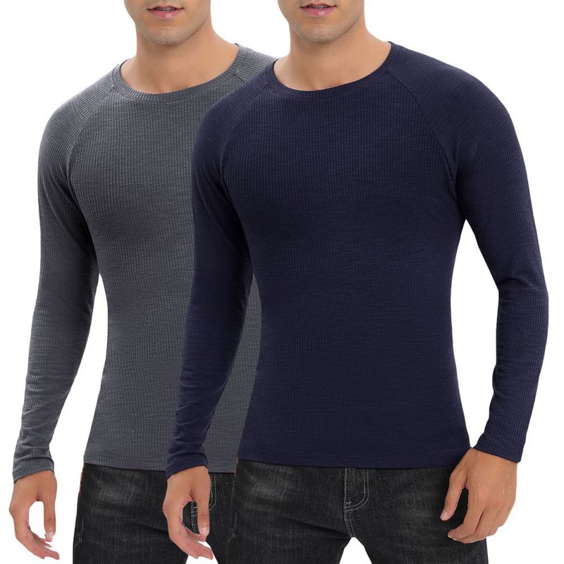 Mens Shirts 2 Packs Crew Tops Long Sleeve Ribbed Pullover Sweater Sim Fit Basic Layer Tops Solid Tee Crewneck Stretchy Undershirts, 1 of 8