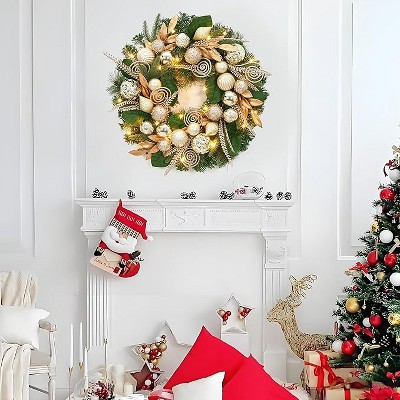 Coucheta 24 Inch Lighted Christmas Wreath - with Red Bows, Pine Cones & Ball Ornaments, Battery Operated for Wall Windows Fireplace