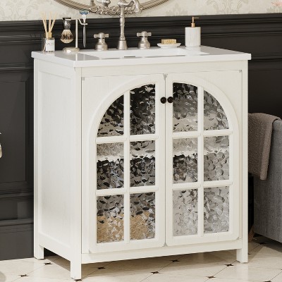 Grungis Farmhouse Bathroom Vanity with Ceramic Sink,Modern Rustic Bathroom Cabinet with Bronze Pulls and 2 Soft-Closing Doors