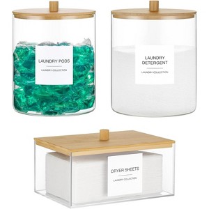 3-Pack Glass Jars and Acrylic Dryer Sheet Holder Set with Bamboo Lids and 27 Labels, Containers for Laundry Pods and Powder Detergent - 1 of 4