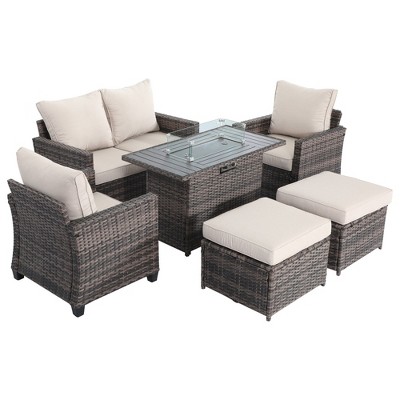 Decksplore 6 Pieces Outdoor Patio Furniture Set Sofa with Fireplace Table for Porch Balcony and Patio