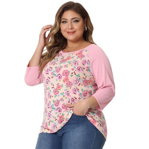 Agnes Orinda Women's Plus Size V Neck Babydoll 3/4 Sleeve Floral