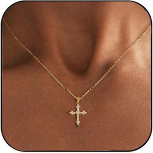 Dainty Gold Cross Necklace for Women, 14K Gold Plated Small Pendant Choker O Chain - 1 of 4