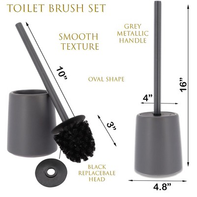 Gray Stoneware Toilet Brush and Holder with Metallic Handle