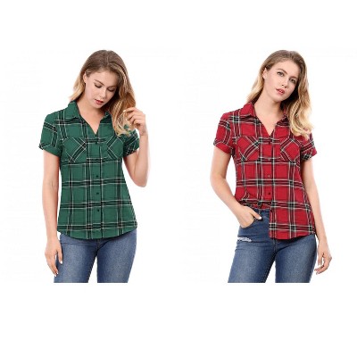 Allegra K Women's Classic Short Sleeve Button Down Plaid Shirt 2 Pcs