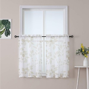 Leaf Printed Pattern Linen Textured Sheer Kitchen Curtains - 1 of 4